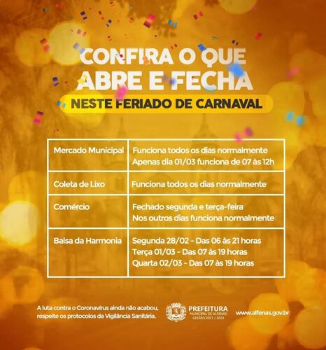 Alfenas: Prefeitura divulga calendário do que abre e fecha no carnaval