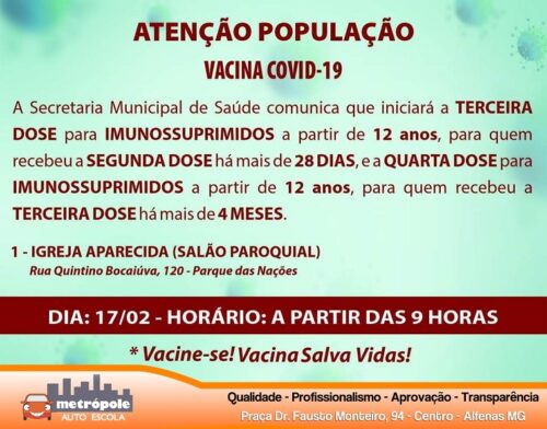 Covid-19: Alfenas iniciará vacinação da terceira dose para imunossuprimidos